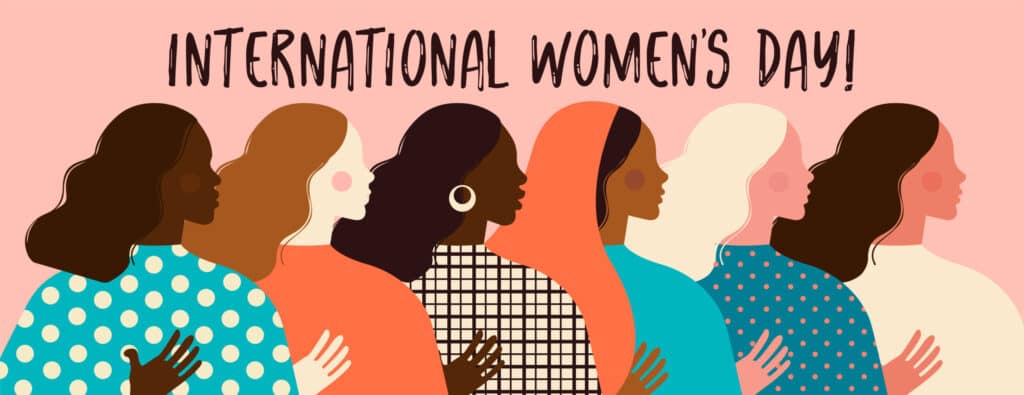 Zeichnung zum Frauentag: Frauen unterschiedlicher Nationalität, welche Seite an Seite zueinander stehen und in eine Richtung schauen. Text darüber: International Women's Day